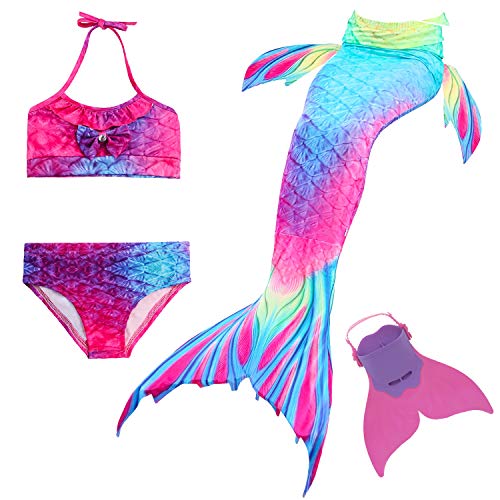 Cola de Sirena para Natación Traje de Baño 4pcs Mermaid Bikini con Monofín Establece para Niña Disfraz de Sirena Princesa Cosplay Conjuntos