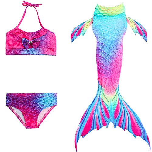Cola de Sirena para Natación Traje de Baño 4pcs Mermaid Bikini con Monofín Establece para Niña Disfraz de Sirena Princesa Cosplay Conjuntos