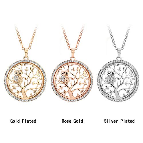 Collar de moda para mujer, cadena larga con colgante de árbol de la vida y búho con cristal Placcato Oro