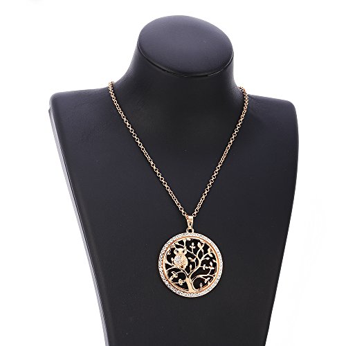 Collar de moda para mujer, cadena larga con colgante de árbol de la vida y búho con cristal Placcato Oro