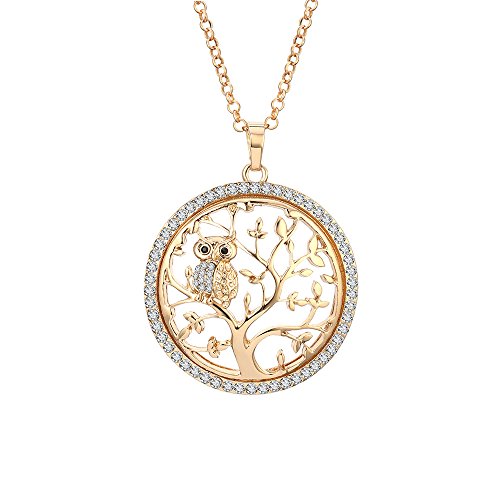 Collar de moda para mujer, cadena larga con colgante de árbol de la vida y búho con cristal Placcato Oro