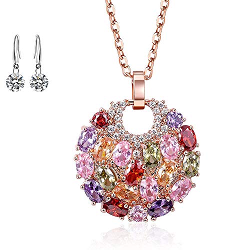 Collar de mujer Collar con colgante de circón de oro rosa Pendientes de flores de colores chapados en oro/Pendientes delicados para regalos de mujer (Round pendant)