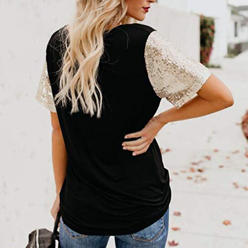 Color sólido de Las Mujeres Simple Sexy con Cuello en V Lentejuelas de Manga Corta Loose Top Casual Elegantes Sudadera Camiseta Verano riou