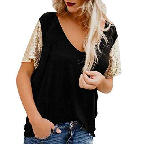 Color sólido de Las Mujeres Simple Sexy con Cuello en V Lentejuelas de Manga Corta Loose Top Casual Elegantes Sudadera Camiseta Verano riou