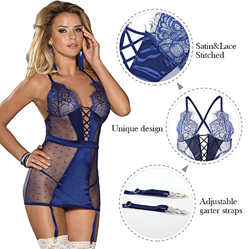 comeondear Lencería 2 Piezas Transparente Babydoll Correas Cruzadas con Liguero y Tanga Talla Grande