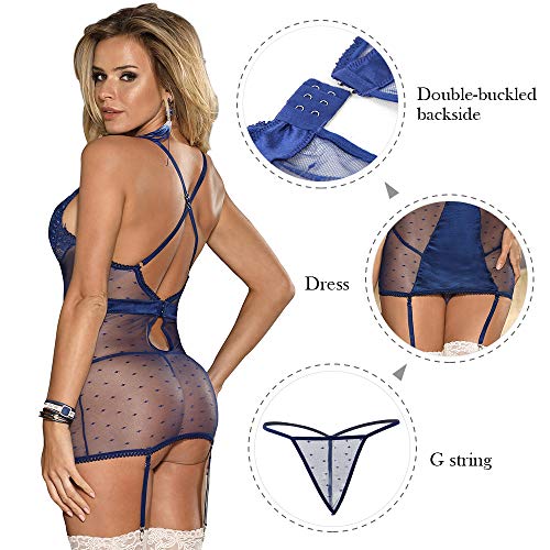 comeondear Lencería 2 Piezas Transparente Babydoll Correas Cruzadas con Liguero y Tanga Talla Grande