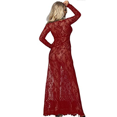 comeondear Lencería Largo Sexy Mujer Encaje Transparente con Manga Larga Talla Grande Picardías Largos Encaje