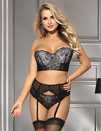 comeondear Mujer Conjunto de Lencería Encaje Sujetador con Aros Tirantes Extraíbles con Liguero y Braga sin Medias Talla Grande