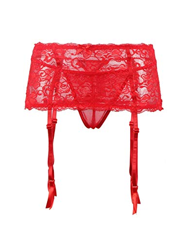 comeondear Mujer Liguero con Encaje de Cintura Alta Talla Grande para Medias con Tanga Garter Belt(Rojo,XS-S)