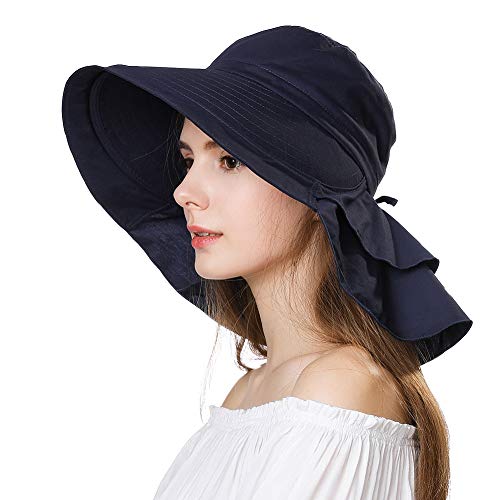 Comhats Gorra de Verano con Visera y protección para el Cuello, con cordón, para Mujer Sombrero (UPF 50+) Azul Oscuro