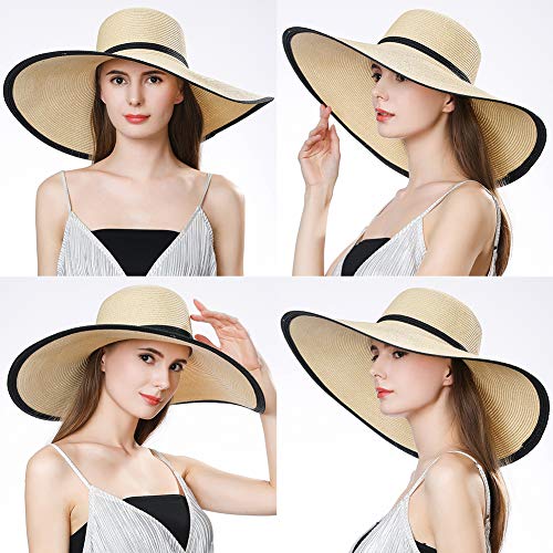 Comhats Mujer Sombrero Plegable De Paja Panamá Verano Sol ala Ancha Flexible Playa UV Moda Beige