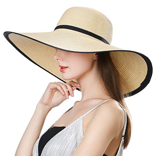 Comhats Mujer Sombrero Plegable De Paja Panamá Verano Sol ala Ancha Flexible Playa UV Moda Beige