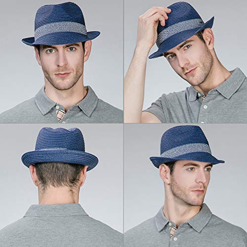 Comhats Paja Unisex Sombrero Hombres Empacables Mujeres Fedora Trilby Panamá Verano ala Corta Azul Marino M