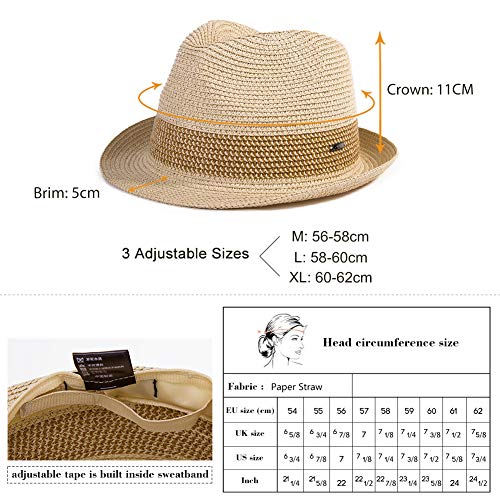Comhats Paja Unisex Sombrero Hombres Empacables Mujeres Fedora Trilby Panamá Verano ala Corta Beige L