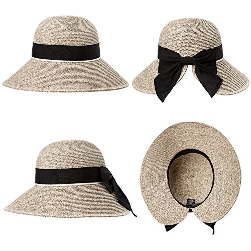 Comhats Protección UV plegable flexible de ala ancha (paja de cloche de Panamá) Sombrero de playa, accesorios de crucero ajustables de moda para Mujeres [marrón] [Grande 59CM]