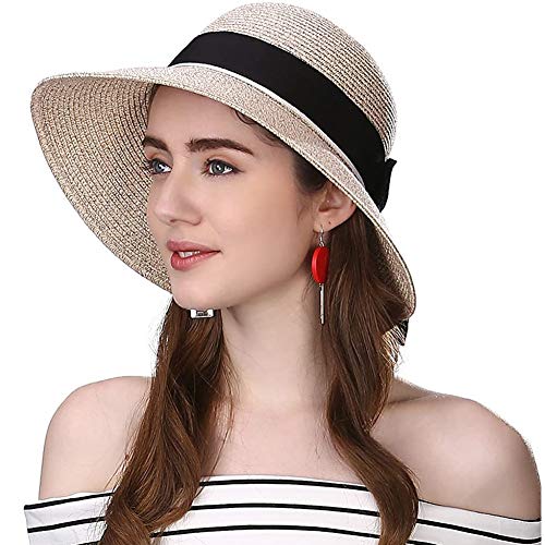 Comhats Protección UV plegable flexible de ala ancha (paja de cloche de Panamá) Sombrero de playa, accesorios de crucero ajustables de moda para Mujeres [marrón] [Grande 59CM]