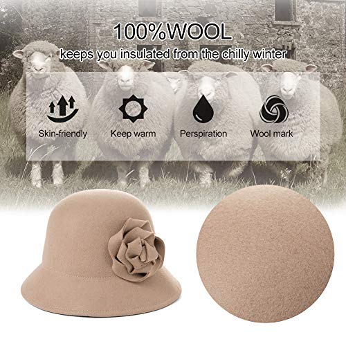 Comhats Sombrero de lana para mujer, 100% fieltro Cloche de los años 20, Fedora con visera para invierno, cálido, para periódicos, taxi, boina, aleta para otoño, plegable y ajustable