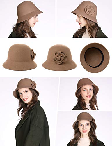 Comhats Sombrero de lana para mujer, 100% fieltro Cloche de los años 20, Fedora con visera para invierno, cálido, para periódicos, taxi, boina, aleta para otoño, plegable y ajustable