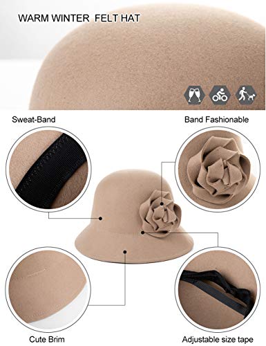 Comhats Sombrero de lana para mujer, 100% fieltro Cloche de los años 20, Fedora con visera para invierno, cálido, para periódicos, taxi, boina, aleta para otoño, plegable y ajustable