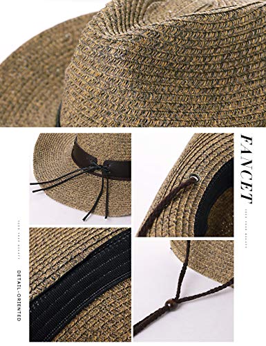 Comhats Sombrero de vaquera unisex occidental Outback de paja natural de verano sombrero de sol de playa con correa de barbilla