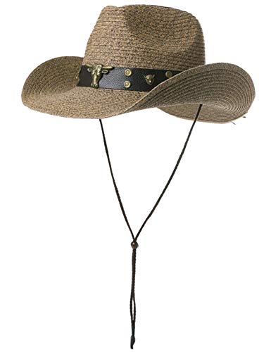 Comhats Sombrero de vaquera unisex occidental Outback de paja natural de verano sombrero de sol de playa con correa de barbilla