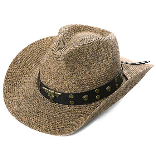 Comhats Sombrero de vaquera unisex occidental Outback de paja natural de verano sombrero de sol de playa con correa de barbilla