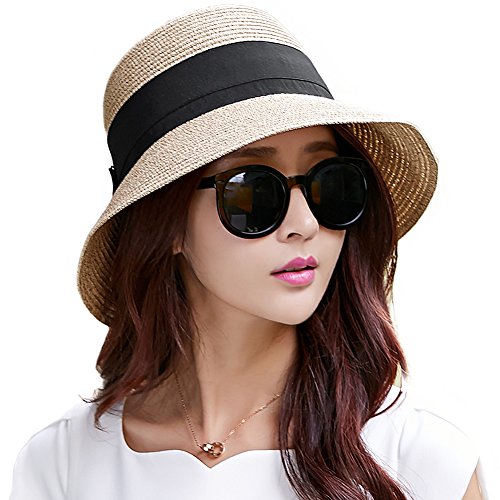 Comhats Sombrero de Verano de Paja con sombrilla para Mujer Sombrero de Sol Suelto de Playa de ala Ancha Beigemix L