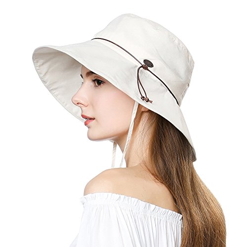 Comhats Sombrero de Verano para Mujer (protección UV 50+, con Correa para la Barbilla) Beige M