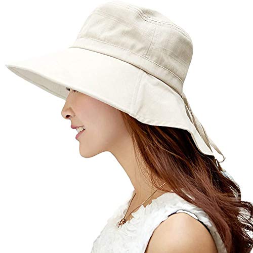 Comhats - Sombrero de verano para mujer, UPF 50, con ala ancha que protege hasta el cuello y correa de barbilla Beige 1005_Beige M