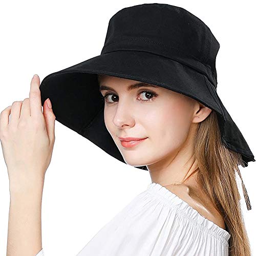 Comhats - Sombrero de verano para mujer, UPF 50, con ala ancha que protege hasta el cuello y correa de barbilla Negro 1005_Negro M