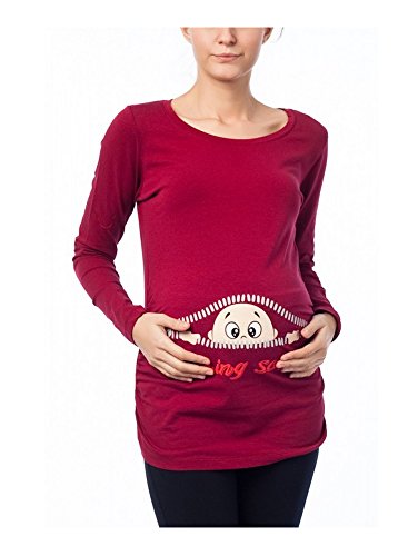 Coming Soon - Ropa premamá Divertida y Adorable, Camiseta con Estampado, Regalo Durante el Embarazo - Manga Larga (Vino, Large)
