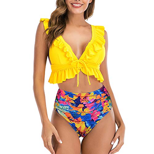 Conjunto de Bikini con Volantes Push up, 2 Piezas de Talle Alto, Cuello en V Profundo, Traje de baño de Playa Acolchado para Mujer (Amarillo, XL)