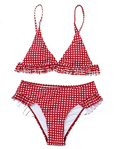 Conjunto de Bikini de Impresión a Cuadros con Volantes para Mujer Traje de Baño de Playa Acolchado Traje de Baño de Bikini de 2 Piezas