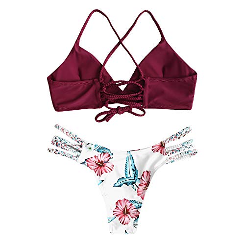 Conjunto de bikini Zaful para mujer compuesto por dos piezas con sujetador ajustable en la espalda y efecto realzador, escote triangular y estampado de flores Cenefa roja S