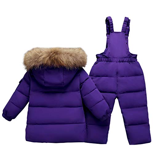 Conjunto de Esquí 2 Piezas Traje de Nieve - Chaqueta con Capucha + Pantalón de Esquí Niños Niñas Traje de Esquí Abrigos de Pluma Pantalones de Nieve de Babero Impermeable, Púrpura 3-4 Años