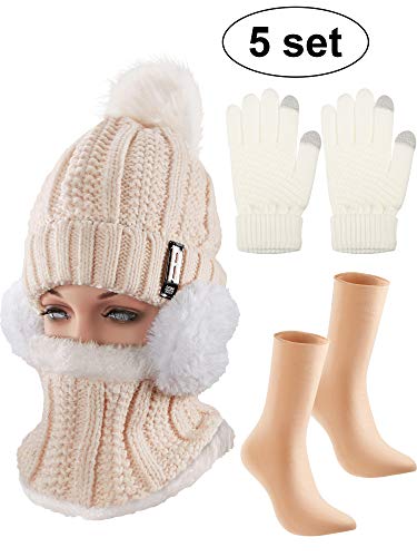 Conjunto de Excursión Esquí de Invierno de Mujeres 5 Piezas, Gorro Bufanda Guantes de Punto Orejeros Medias (Beige, Caqui)