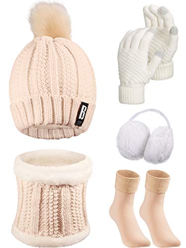 Conjunto de Excursión Esquí de Invierno de Mujeres 5 Piezas, Gorro Bufanda Guantes de Punto Orejeros Medias (Beige, Caqui)