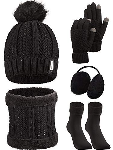 Conjunto de Excursión Esquí de Invierno de Mujeres 5 Piezas, Gorro Bufanda Guantes de Punto Orejeros Medias (Negro)