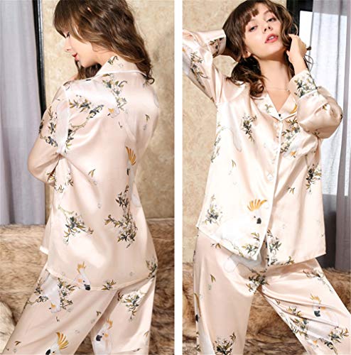 Conjunto de pijama de 100% seda para mujer Conjunto de pijama con botones de manga larga Patrón de flores y pájaros de estilo chino Ropa de dormir Ropa de dormir Ropa de dormir 2 piezas,Beige,L