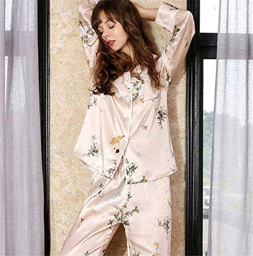 Conjunto de pijama de 100% seda para mujer Conjunto de pijama con botones de manga larga Patrón de flores y pájaros de estilo chino Ropa de dormir Ropa de dormir Ropa de dormir 2 piezas,Beige,L