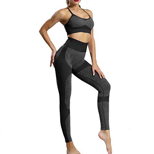 Conjunto De Ropa De Yoga Pantalones de Yoga Elásticos Deportivo Leggings y Sujetadores Deportivos para Gimnasio Running Yoga (Negro (Traje), S)