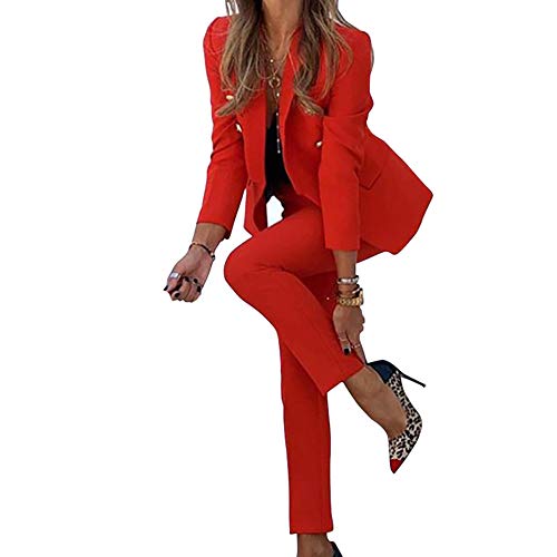 Conjunto de Traje para Mujer,Color Sólido Blazer y Pantalones Dos Piezas Set,Chaquetas de Traje de Negocios Elegante Blazer de Manga Larga+Pantalones de Traje para Oficina y Bodas Rojo XXL