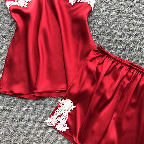 Conjunto Pijamas Mujer Verano Batas de Seda 5 Piezas Sets Camisola de Tiras Pantalones y Calzoncillos Kimono Cuello V Larga Chaleco de Encaje Blanca Ropa de Dormir Vestido de Cama (Rojo, S)