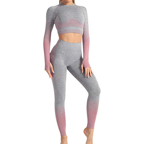 Conjunto Tops Yoga Seamless Gradient Yoga Top de Manga Larga Pantalon Deportivo Leggings Sin Costuras Mujer Alta Cintura Elásticos Fitness para Mujeres Gym Running Yoga (Rosado, L)