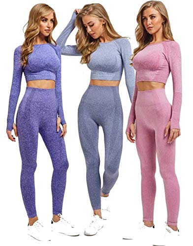 Conjunto Yoga 2 Piezas para Mujer Conjunto Deportivo Pantalones De Yoga Súper Elásticos Sin Costuras Camiseta Deportiva De Manga Larga Sin Costuras Mujer (Set 2 Morado, S)