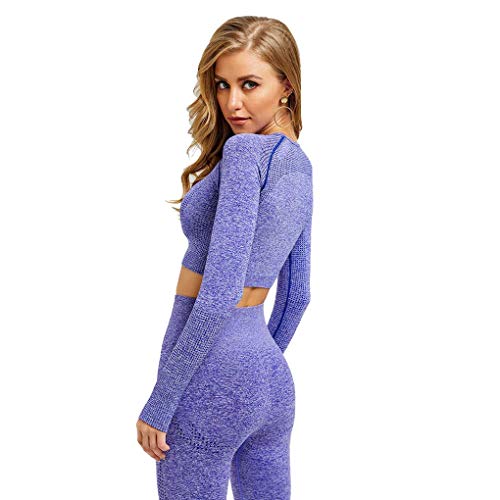 Conjunto Yoga 2 Piezas para Mujer Conjunto Deportivo Pantalones De Yoga Súper Elásticos Sin Costuras Camiseta Deportiva De Manga Larga Sin Costuras Mujer (Set 2 Morado, S)