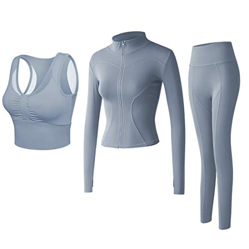 Conjunto Yoga 3 Piezas Ropa Fitness Entrenamiento, Top Pantalones y Chaqueta de Yoga Súper Elásticos. Leggings+Bralette para Mujer+Chaqueta de Manga Larga Mujer (Azul Claro, M)