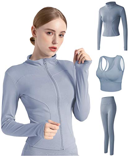 Conjunto Yoga 3 Piezas Ropa Fitness Entrenamiento, Top Pantalones y Chaqueta de Yoga Súper Elásticos. Leggings+Bralette para Mujer+Chaqueta de Manga Larga Mujer (Azul Claro, M)