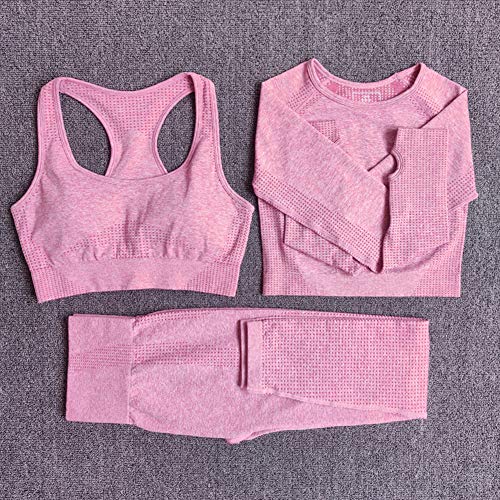 Conjunto Yoga 3 Piezas Ropa Fitness , Pantalones De Yoga Súper Elásticos Sin Costuras+Bralette Para Mujer+Camiseta Deportiva De Manga Larga Sin Costuras Mujer Rosa M