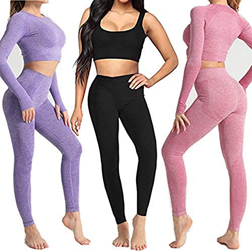 Conjunto Yoga 3 Piezas Ropa Fitness , Pantalones De Yoga Súper Elásticos Sin Costuras+Bralette Para Mujer+Camiseta Deportiva De Manga Larga Sin Costuras Mujer Rosa M